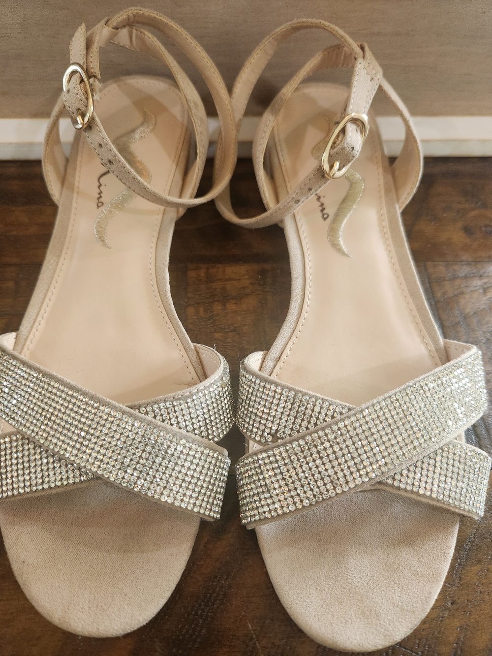 Nina Gold Rhinestone Crisscross Ankle Strap Sandals